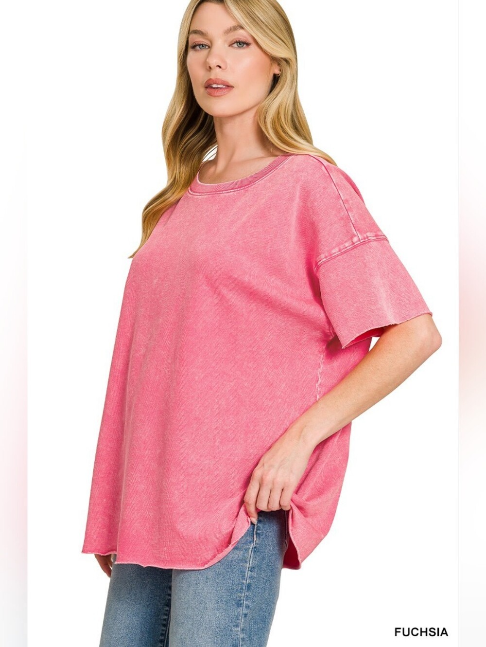 Zenana Acid Wash French Terry Drop Shoulder Raw Edge Top- Fast Shipping!! - Picture 2 of 5